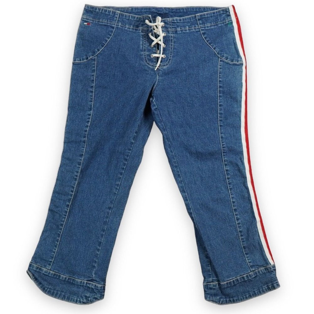 Tommy Hilfiger Jeans Womens 13 Blue Crop Pant Capris Wide Leg Y2K Tie Front 60's